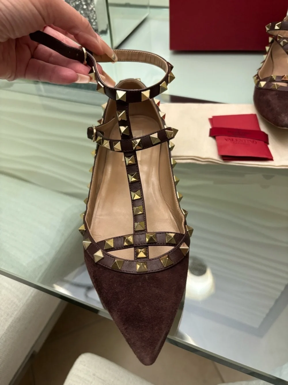 Authentic Valentino Brown Suede Rockstud Caged Pointed-Toe Flats